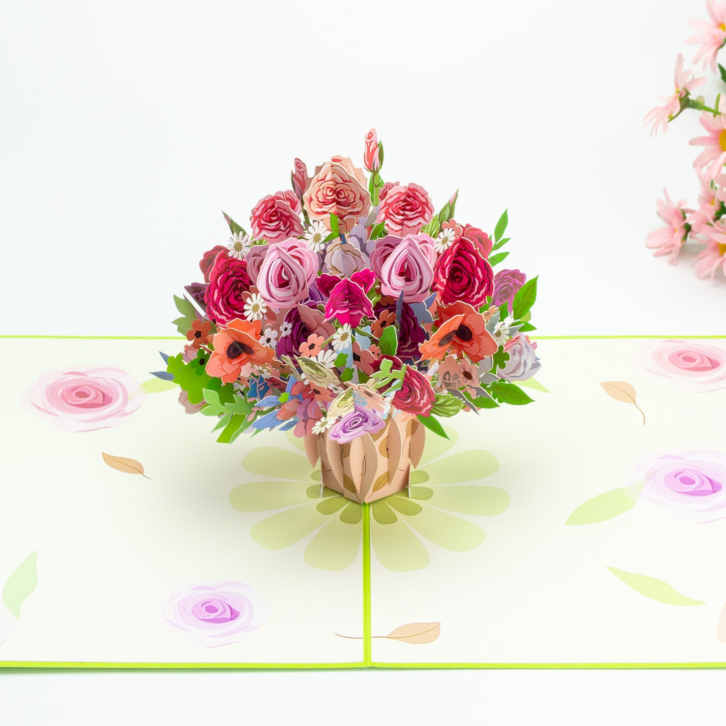 Rose Flower Basket Pop Up Card Perfect For Wedding Invites, Save The Date, Thank You Cards, Birthday Card, Mothers Day Card, Valentines Day Cards, Anniversary Card