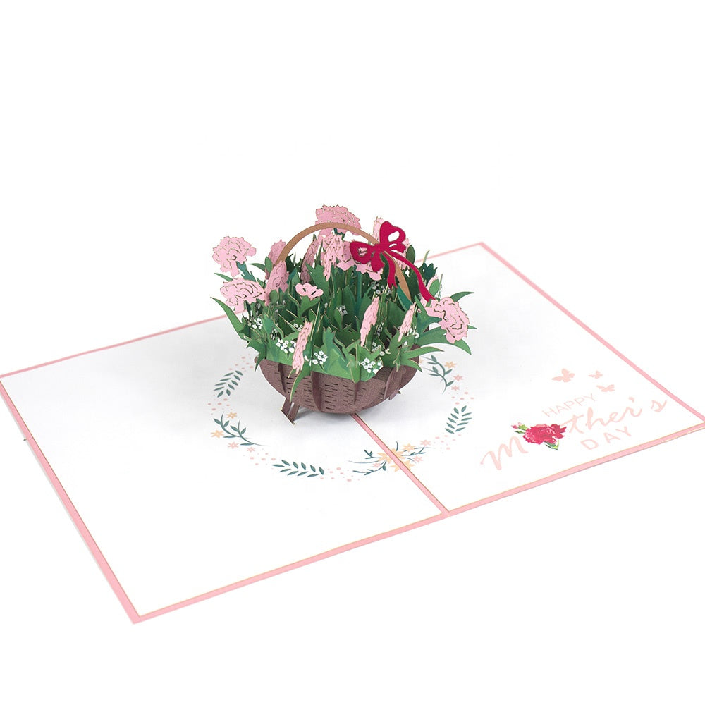 Pink Flower Basket Pop Up Card Perfect For Wedding Invites, Save The Date, Thank You Cards, Birthday Card, Mothers Day Card, Valentines Day Cards, Anniversary Card