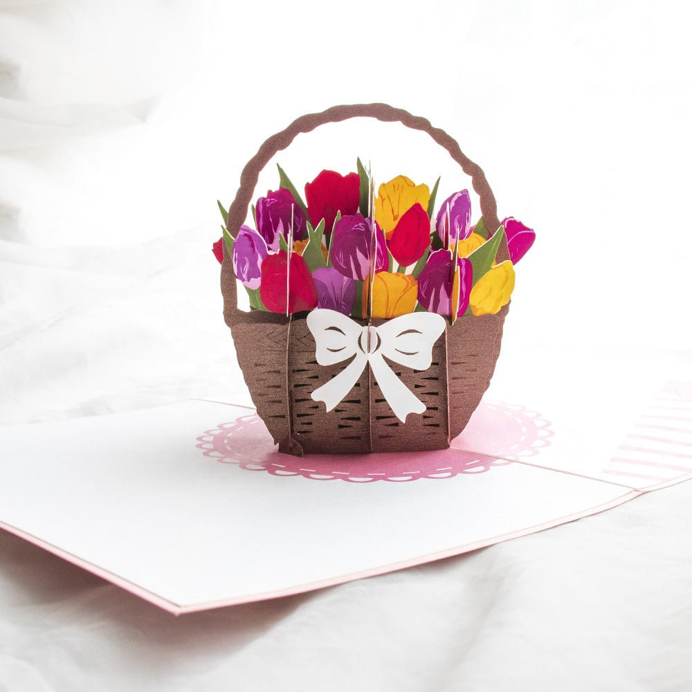 Tulips Basket Pop Up Card Perfect For Wedding Invites, Save The Date, Thank You Cards, Birthday Card, Mothers Day Card, Valentines Day Cards, Anniversary Card