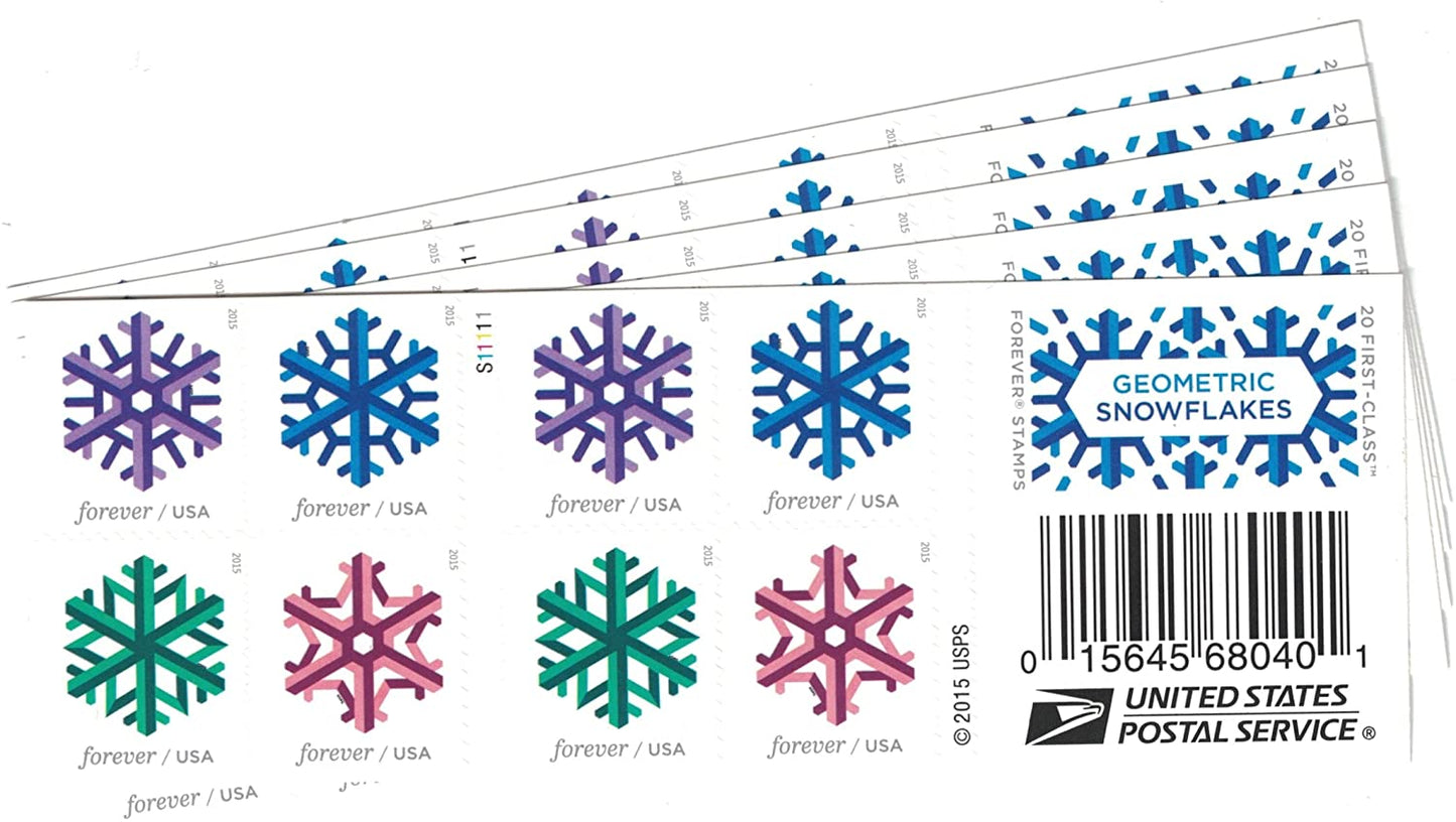USPS Geometric Snowflakes Forever Postage Stamps- Total of 100 Stamps